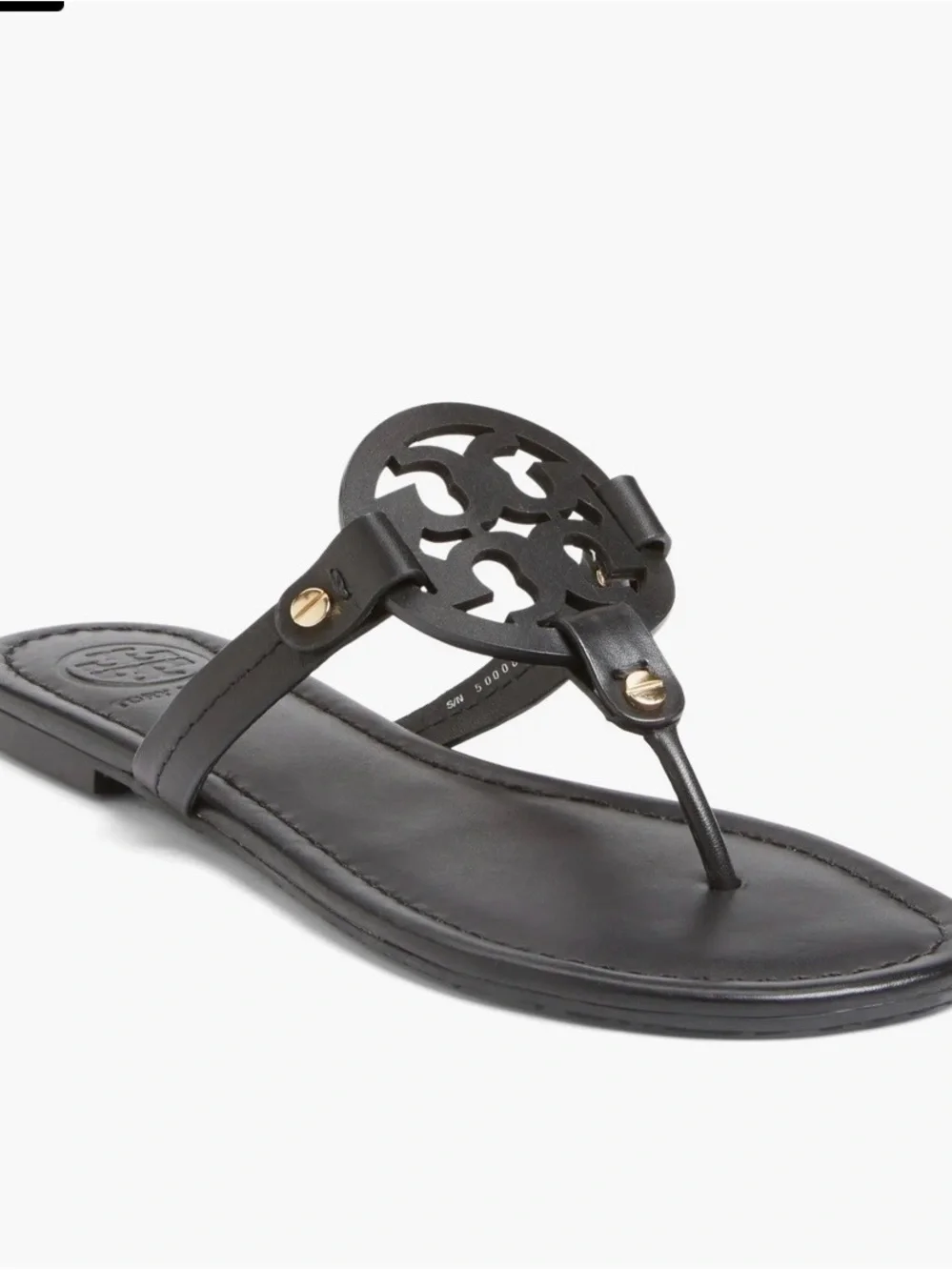 Tory Burch Black Leather Logo Thong Sandal with Gold Accents